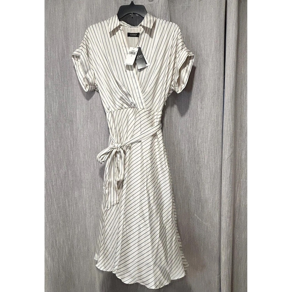 Lauren Ralph Lauren Dress Womens 4 White Stripe Wrap Short Sleeve Belted *MARK